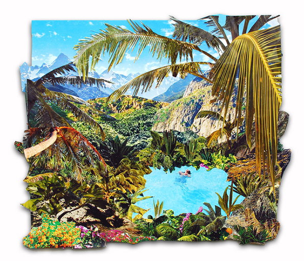 A collage of a tropical paradise featuring a bright blue swimming pool surrounded by lush greenery and palm trees. Snow-capped mountains rise in the background under a clear blue sky.