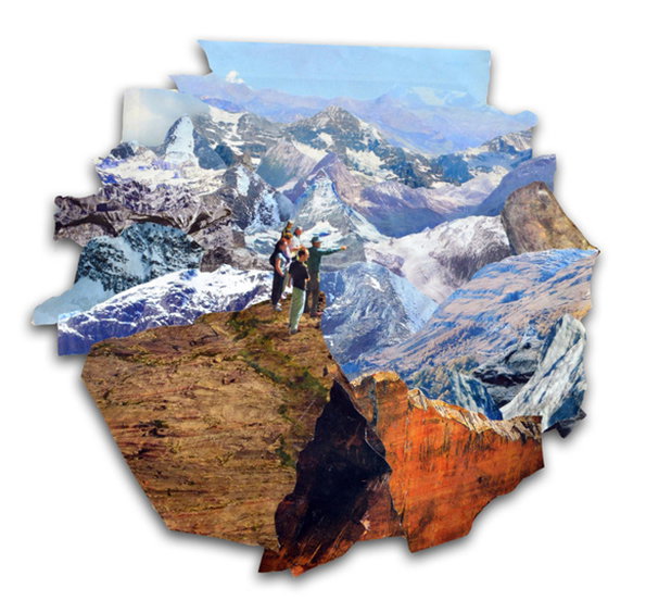 A collage of snowy mountain peaks and jagged rock formations. Three figures stand on a high ledge, looking out across the landscape.