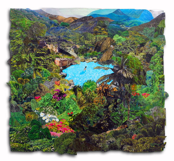 A collage of a lush, tropical landscape with a bright blue swimming pool at its centre. A small figure swims in the water, surrounded by dense greenery, colourful flowers and palm trees.