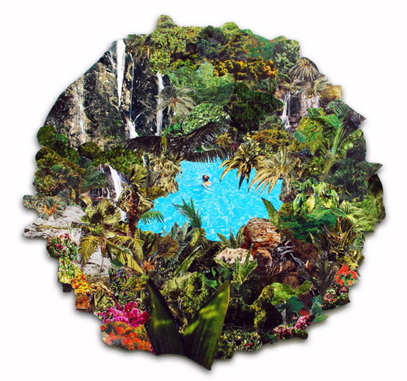 A circular collage of lush tropical foliage, waterfalls and rocky cliffs. In the centre, a person swims in a bright blue pool.
