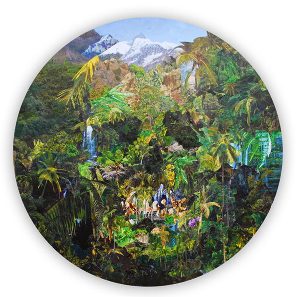 A circular collage of a lush, tropical jungle with dense green foliage and a waterfall. In the centre, a small group of figures gather in a clearing, with snow-capped mountains visible in the distance.