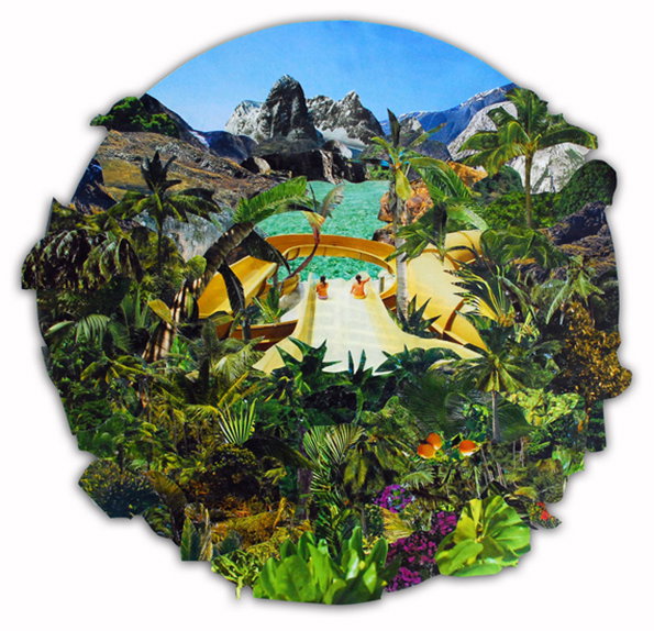 A digital collage shaped like a human profile, filled with a lush tropical landscape. A yellow architectural structure with a wide staircase leads toward a turquoise pool and distant, jagged mountains.