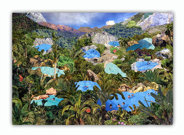 A collage of a lush, tropical jungle with several bright blue pools of water scattered across the landscape. Small figures swim and lounge in the pools, set against a backdrop of steep, rocky mountains.