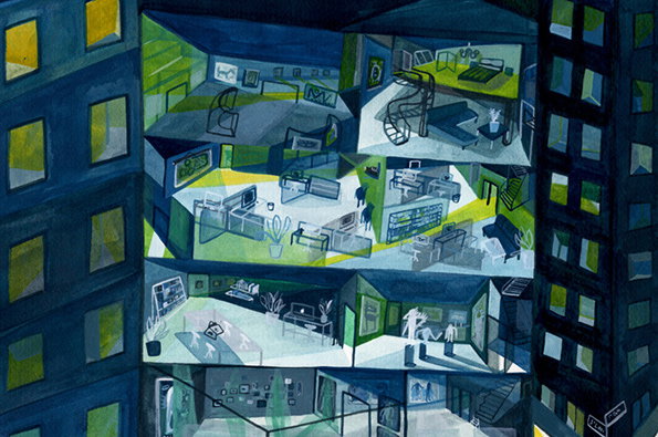 An illustration of a cross-section of a building, showing several floors of open-plan offices. Small figures move between desks, plants and lounge areas in a palette of deep blue, green and yellow.