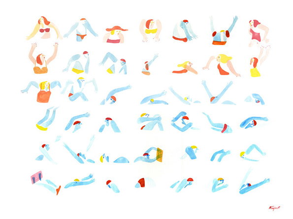 An illustration of various figures in swimwear, arranged in a grid against a white background. The figures are shown in a series of fragmented, fluid poses as if swimming or diving.