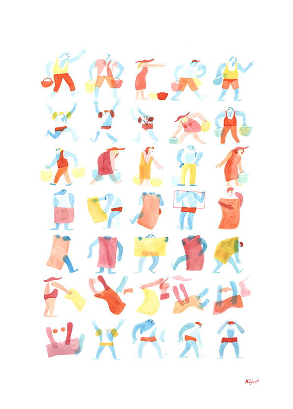 An illustration of 35 stylised figures arranged in a grid on a white background. The figures are rendered in bright washes of red, yellow and blue, shown in various active poses.