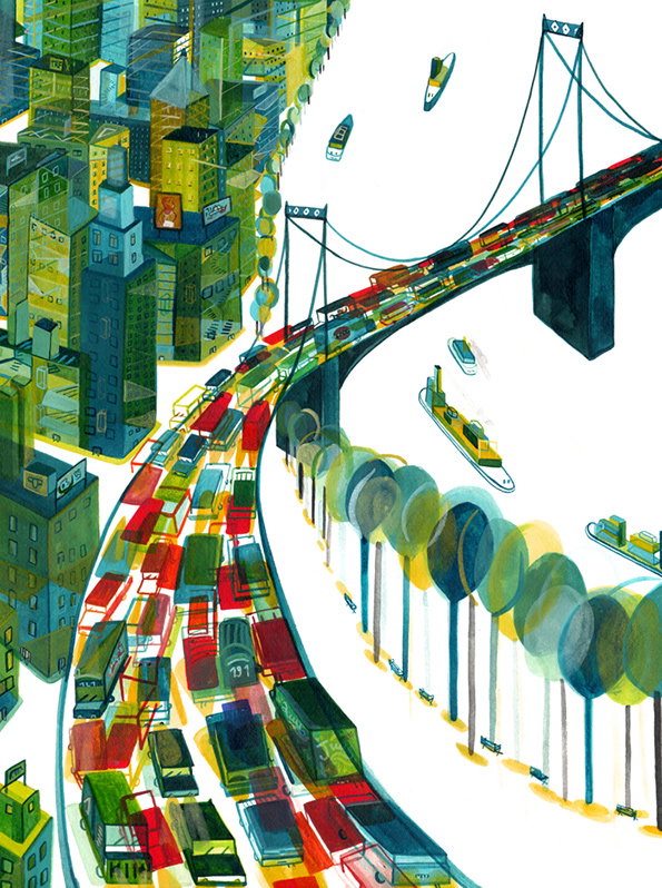 An illustration of a congested city highway filled with colourful cars and buses. The road curves past a row of green trees and leads onto a suspension bridge, with a cluster of tall buildings to the left.
