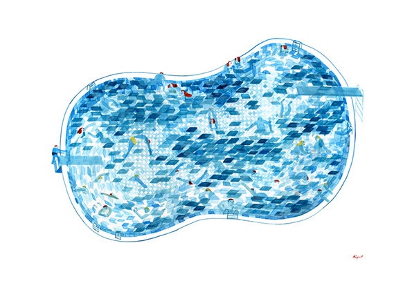 An illustration of a bean-shaped swimming pool filled with blue water and several swimmers. Two diving boards extend into the pool from opposite sides.