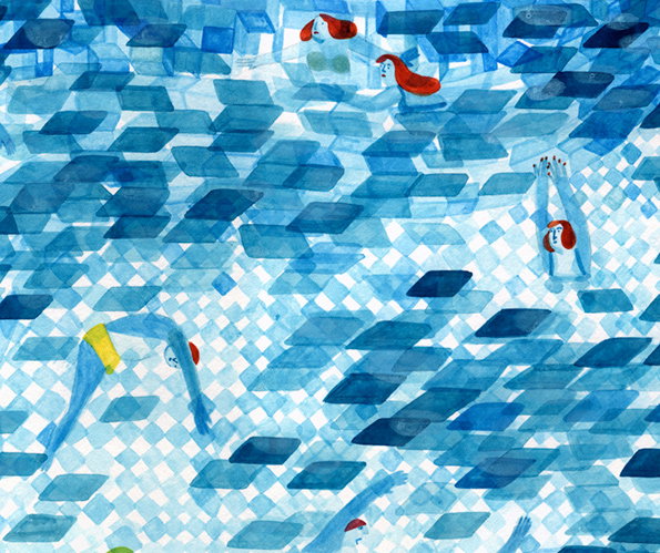 An illustration of people swimming in a pool, rendered as a mosaic of blue and white squares. Several figures with red hair float or dive through the geometric water.