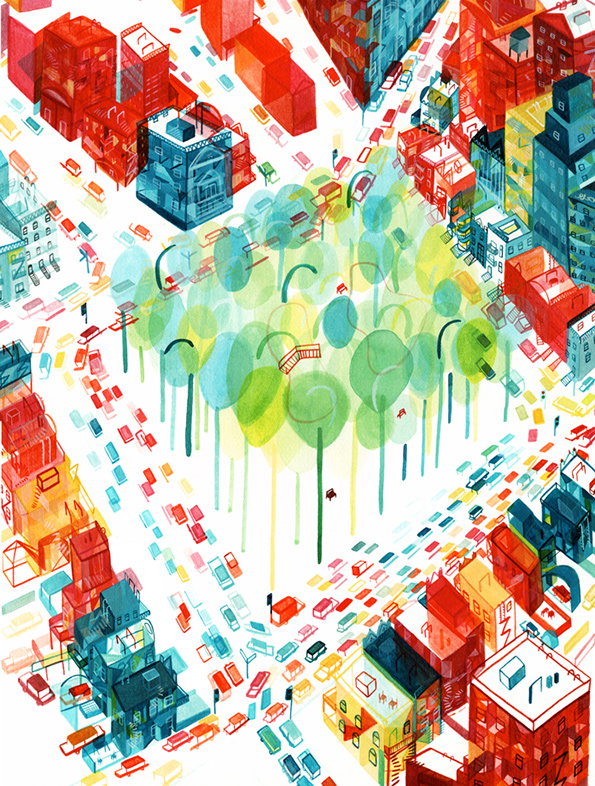 An illustration of a dense city seen from above, with red and blue buildings surrounding a central green space. The park is filled with stylised trees that drip downwards like paint, contrasting with the surrounding grid of colourful cars.