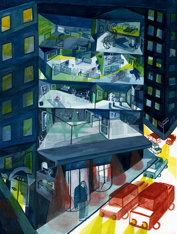An illustration of a cross-section of a city building at night. The interior reveals several floors of cluttered rooms and offices, with a person standing outside a shop on the ground floor. Red cars are parked on the street under a glow of yellow light.