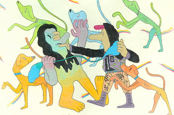 An illustration of a group of stylised, colourful dogs in a chaotic huddle. One figure wears a black jacket and patterned trousers, while another has long black hair and a yellow body.
