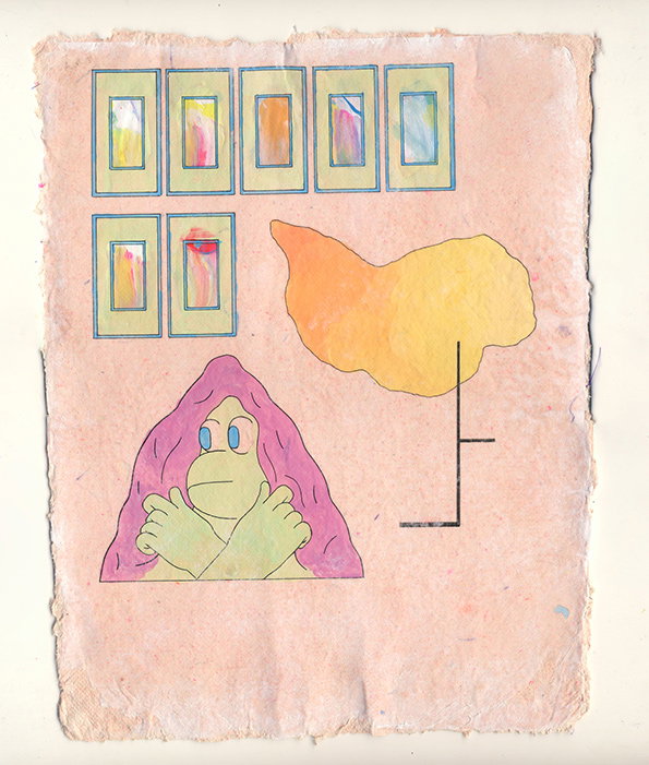 An illustration on textured pink paper featuring a green figure with wide eyes and crossed arms. They are draped in a purple cloth, positioned below a row of framed abstract paintings and a yellow organic shape.