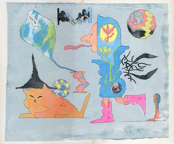 A surreal illustration on a light blue background featuring a collection of abstract figures. A blue, humanoid shape with a long tongue and pink boots stands beside an orange cat wearing a black pointed hat.