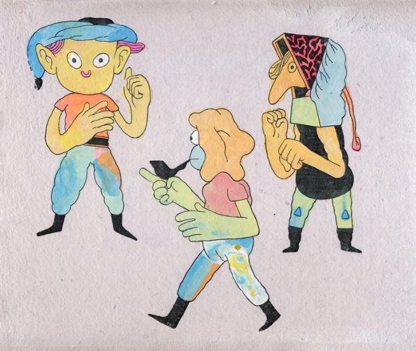 An illustration of three stylised figures with colourful skin and hair on a textured white background. One figure gestures while talking to a person smoking a pipe, who is walking towards a third figure with a pointed nose.