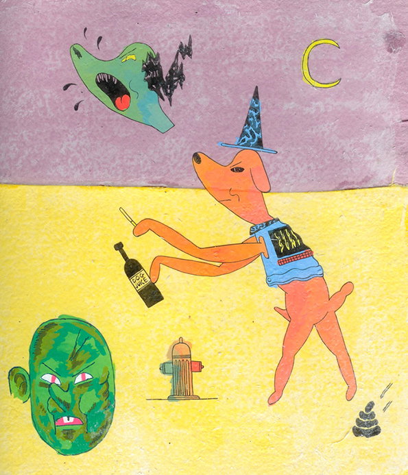 An illustration of an orange dog wearing a blue vest and a pointed blue hat. The dog holds a bottle labelled “Dog Juice” and a small stick against a yellow and purple background. A green face and a crescent moon float around them.