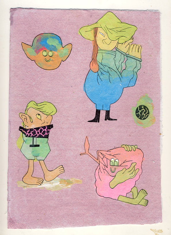 An illustration of four whimsical, colourful characters on a textured purple background. The figures include a floating orange face, a person in a blue robe and wide-brimmed hat, and two smaller creatures in green and pink.