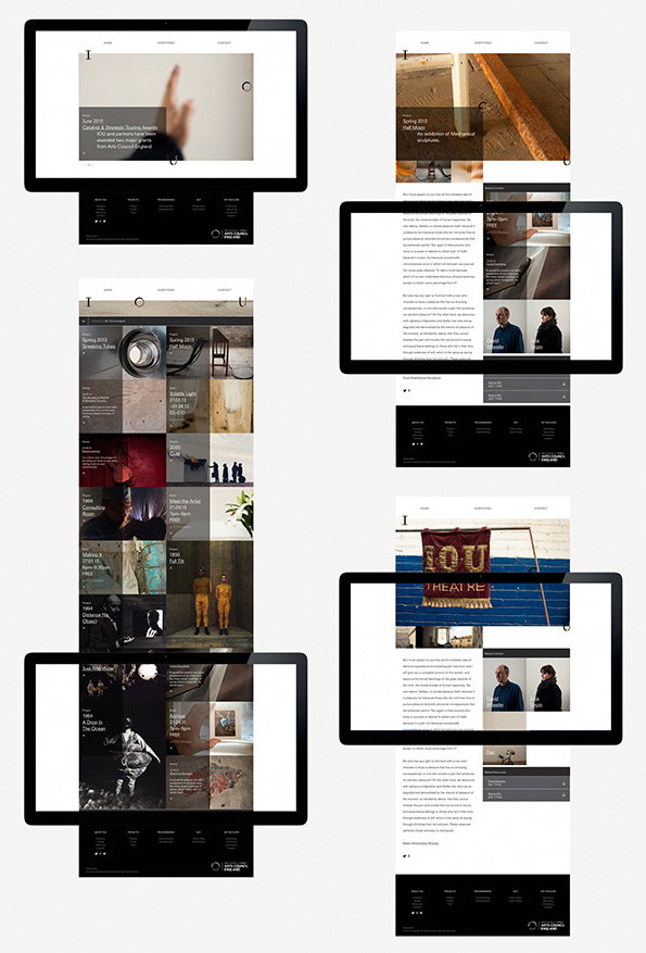 A series of website mockups displayed on computer screens and as full-page scrolls. The minimalist layout features a grid of photography, clean typography and a black footer.