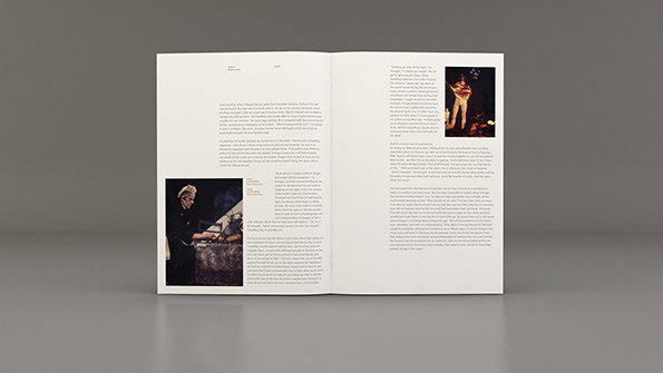 An open book displays two pages of text and two black and white photographs. One image shows a person at a piano, while the other depicts a figure standing under a spotlight.