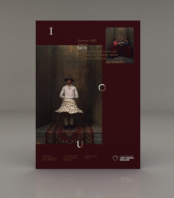 A maroon poster for a production titled “Full Tilt”. A central photograph shows a person in a white shirt and a ruffled, tiered skirt standing on a patterned rug. Smaller text describes the play as a “deadly dinner dance and joust” from summer 1990.