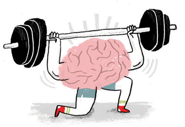 An illustration of a pink brain with arms and legs lifting a heavy barbell. The figure is crouched low, straining to hold the weight above its head.