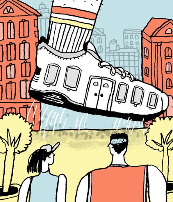 An illustration of a giant white sneaker floating above a city street. Two people stand below, looking up at the shoe as water drips from its sole.
