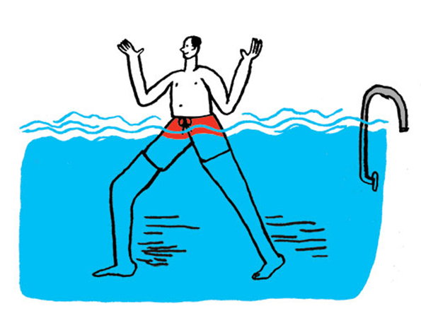 An illustration of a person standing in a swimming pool with their arms raised. They wear red swimming trunks and stand with their legs wide apart.