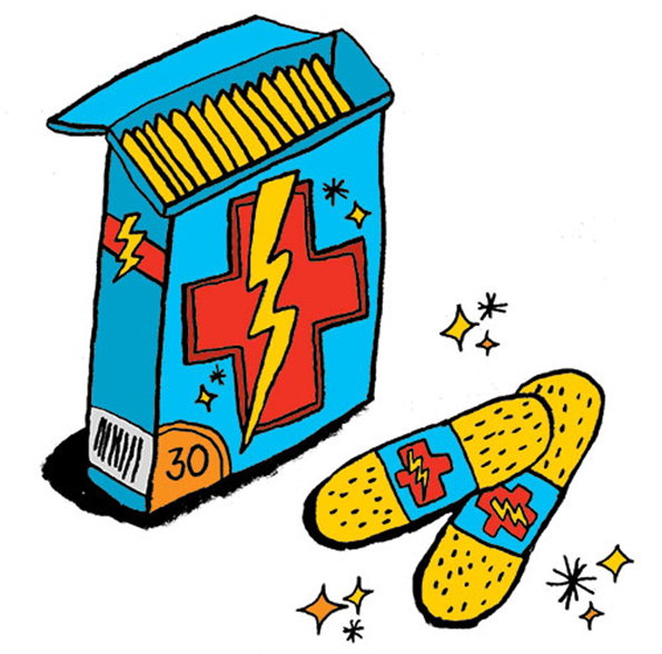 An illustration of a blue box of plasters featuring a red cross and a yellow lightning bolt. Two yellow plasters with matching red and blue designs lie beside the box.
