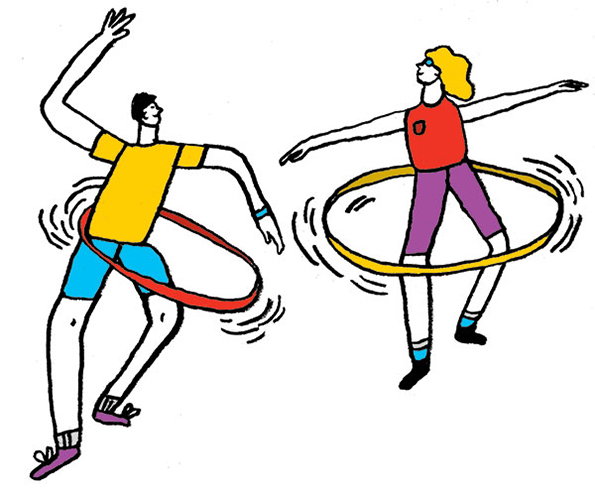 An illustration of two people hula hooping against a plain white background. One person wears a yellow T-shirt and blue shorts with a red hoop, while the other wears a red top and purple trousers with a yellow hoop.