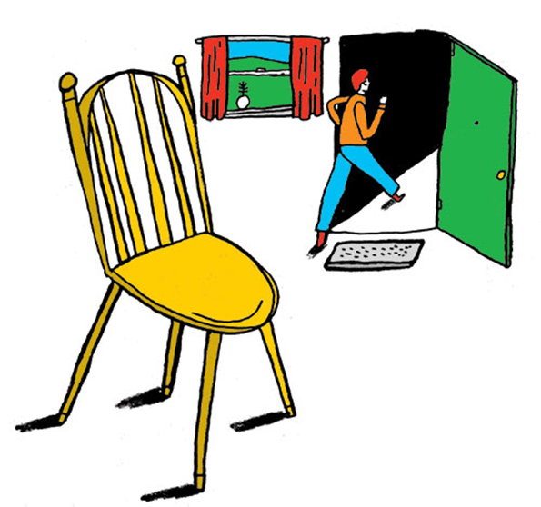 An illustration of a person in an orange top and blue trousers stepping through a green door into a black void. In the foreground, a large yellow wooden chair sits angled away from the viewer.