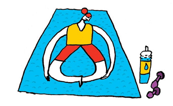 An illustration of a person in a yellow top and red shorts sitting in a yoga pose on a blue mat. A water bottle and a purple dumbbell sit on the floor beside them.