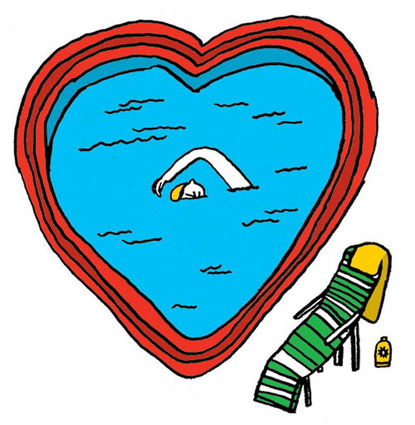 An illustration of a heart-shaped swimming pool filled with blue water. A person swims in the centre, while a striped sun lounger and a bottle of sunscreen sit beside the pool.
