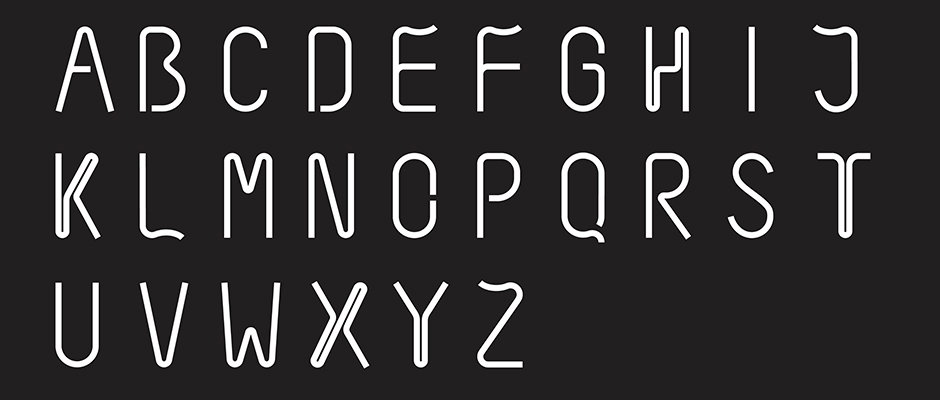 A white alphabet from A to Z set against a black background. The letters are rendered in a rounded, tubular style resembling neon piping.