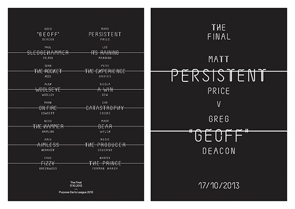 Two black and white posters for a darts tournament. The first lists a series of players and their nicknames, including “Geoff” Deacon and Matt Persistent Price. The second poster announces “The Final” between Price and Deacon on “17/10/2013”.