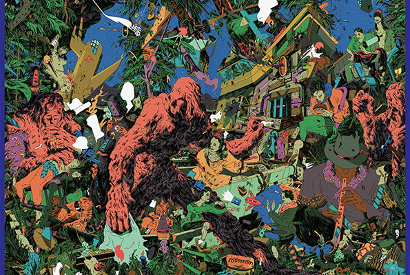 A dense, colourful illustration of a chaotic jungle scene. A large red gorilla dominates the centre, surrounded by various people, animals and fragmented objects.