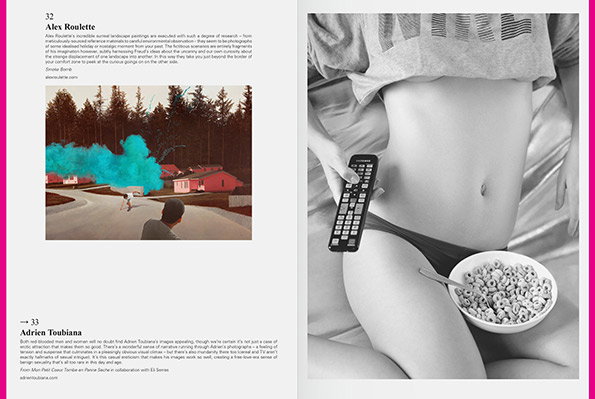 A two-page magazine spread. The left page features a painting of a red house and a road, with a bright blue cloud of smoke rising from the trees. The right page is a black and white photograph of a person lying in bed, holding a remote control next to a bowl of cereal.