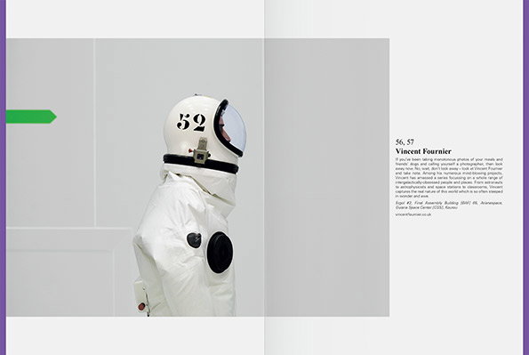 A person in a white spacesuit and helmet stands in profile against a plain grey background. The helmet is marked with the number “52” and the page includes a short biographical text about photographer Vincent Fournier.