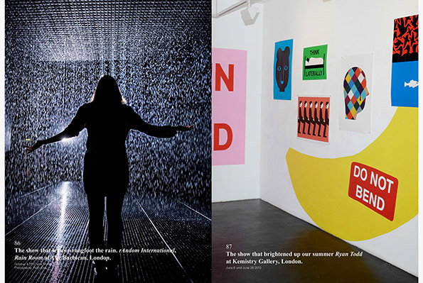 A diptych showing two different art installations. On the left, a silhouette of a person stands with arms outstretched inside a curtain of falling water. On the right, a gallery wall features colourful abstract prints and a large yellow shape with a red sign that reads “DO NOT BEND”.