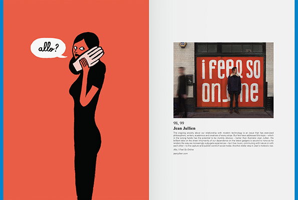 An open magazine spread. The left page features a bold illustration of a person in a black dress holding a phone to their ear, with a speech bubble that reads “allo?”. The right page shows a photograph of a person standing before a red wall with the text “i feel so online”, accompanied by a short biography of Jean Jullien.