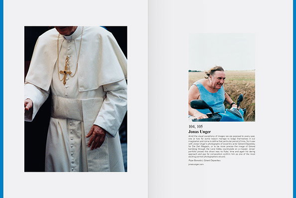 A two-page magazine spread featuring two photographs. On the left, a close-up shows a person in white papal vestments wearing a gold cross. On the right, a person in a blue tank top smiles while sitting on a blue scooter in a field.