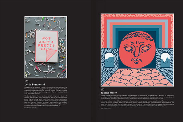 A two-page spread from a portfolio book. The left page shows a card reading “NOT JUST A PRETTY FACE” surrounded by scattered grey fragments. The right page features a colourful illustration of a large, red sun-like face centered within a series of concentric arches.