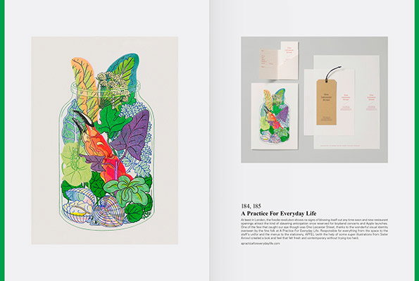 An open book shows a branding project for “A Practice for Everyday Life”. On the left, a colourful illustration of tropical plants and a bird inside a glass jar. On the right, a layout of stationery including a business card, a brown gift tag and a letterhead.