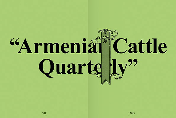 A lime green spread reads “Armenian Cattle Quarterly” in a bold, black serif typeface. A small, cartoonish figure clings to a vertical green banner that splits the text.