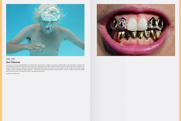 A two-page magazine spread featuring two photographs. On the left, a person with blonde hair is submerged in blue water, wearing a translucent, sculptural mask. On the right, a close-up shows a person's open mouth, revealing teeth adorned with gold and diamond grills.