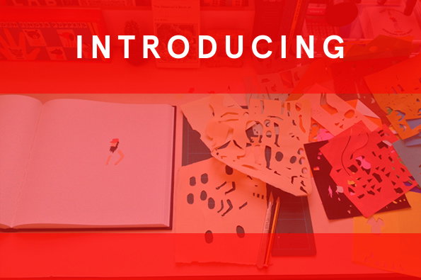An open sketchbook sits beside a collection of orange and red paper cut-outs on a desk. The image is overlaid with a red gradient and the word “INTRODUCING” in white capitals.