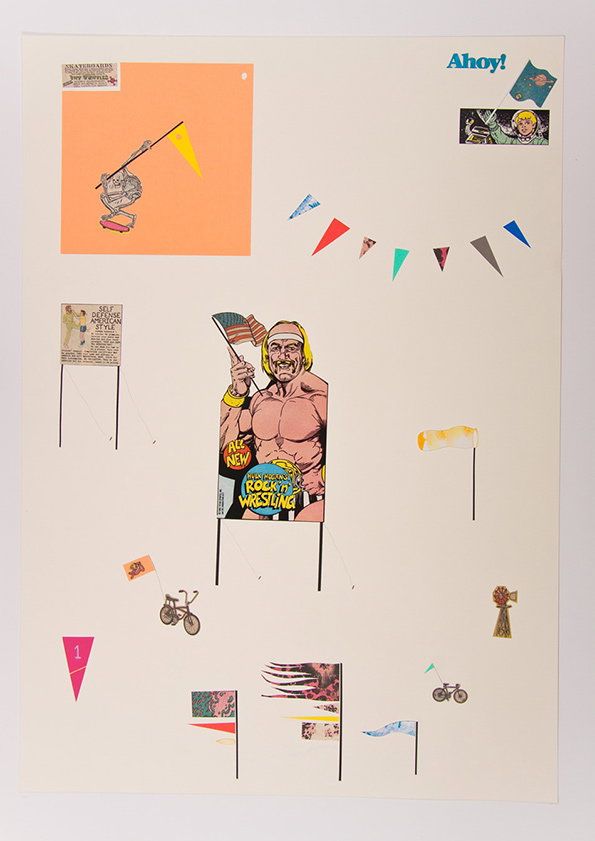 A collage on a cream background featuring various cut-out images and shapes. A central figure of a muscular wrestler holds a small American flag above a yellow sign that reads “ROCKET WRESTLING”.