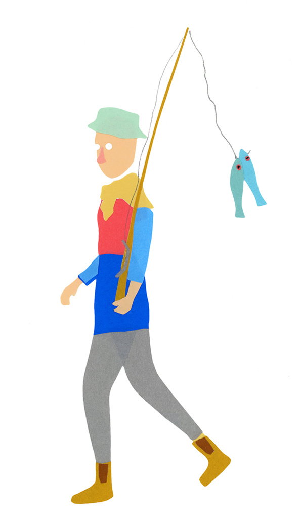 An illustration of a person walking while holding a fishing rod. A blue fish hangs from the line, facing the person.