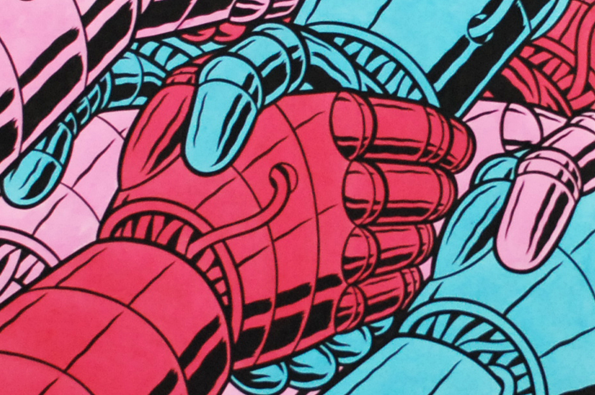 An illustration of two robotic hands shaking. One hand is red and the other is blue, both rendered with bold black outlines and comic-style shading.