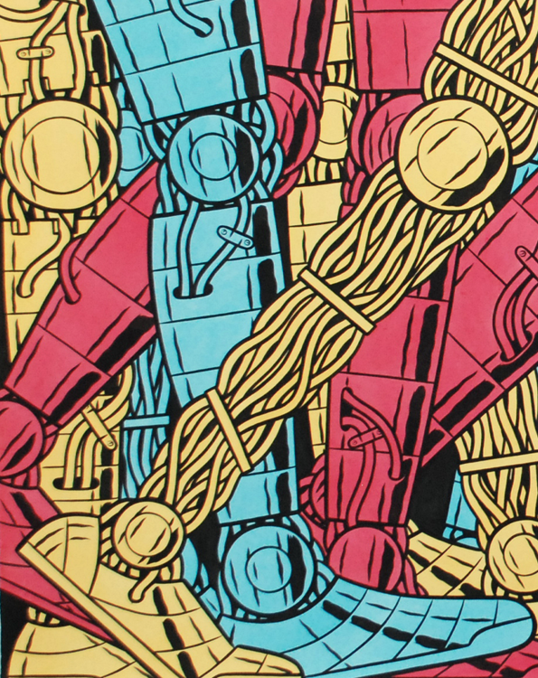 An illustration of interlocking robotic legs in bright pink, blue and yellow. The figures are rendered with bold black outlines and mechanical details like joints and cables.