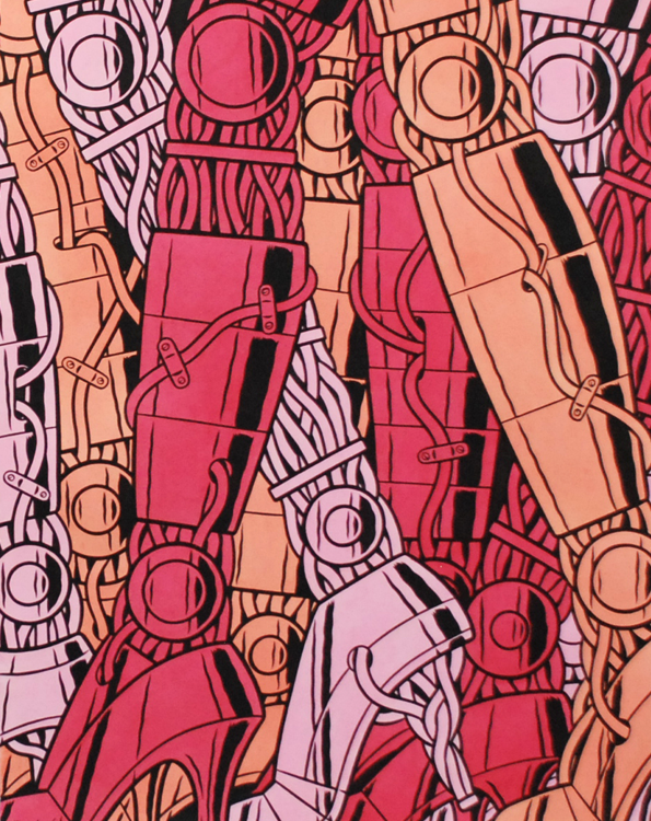 An illustration of several robotic legs wearing high-heeled shoes. The figures are rendered in shades of pink, peach and white, with visible wires and mechanical joints.